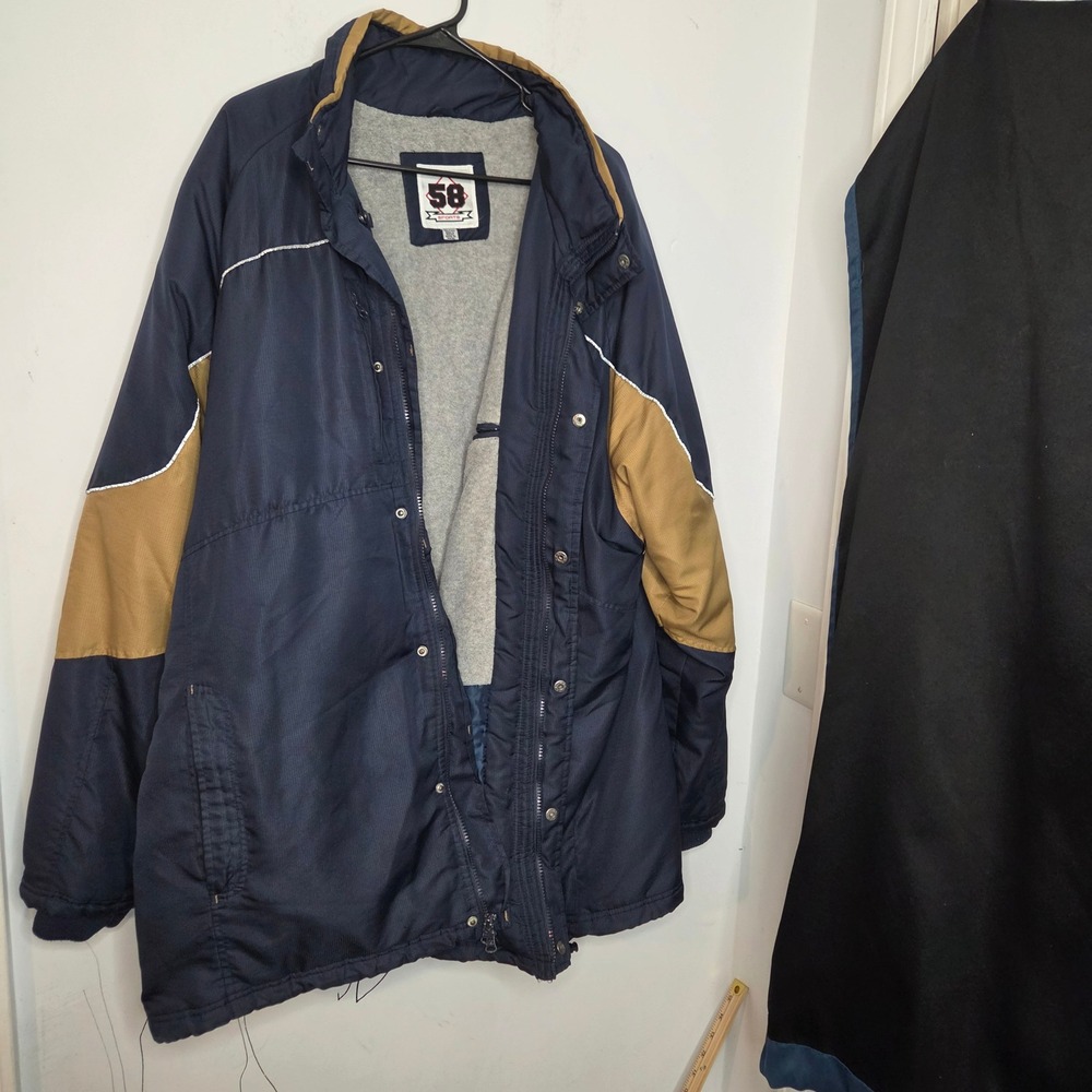 58 Sports Notre Dame Fighting Irish Parka Jacket Navy Blue Gold Mens XXL Repair‎